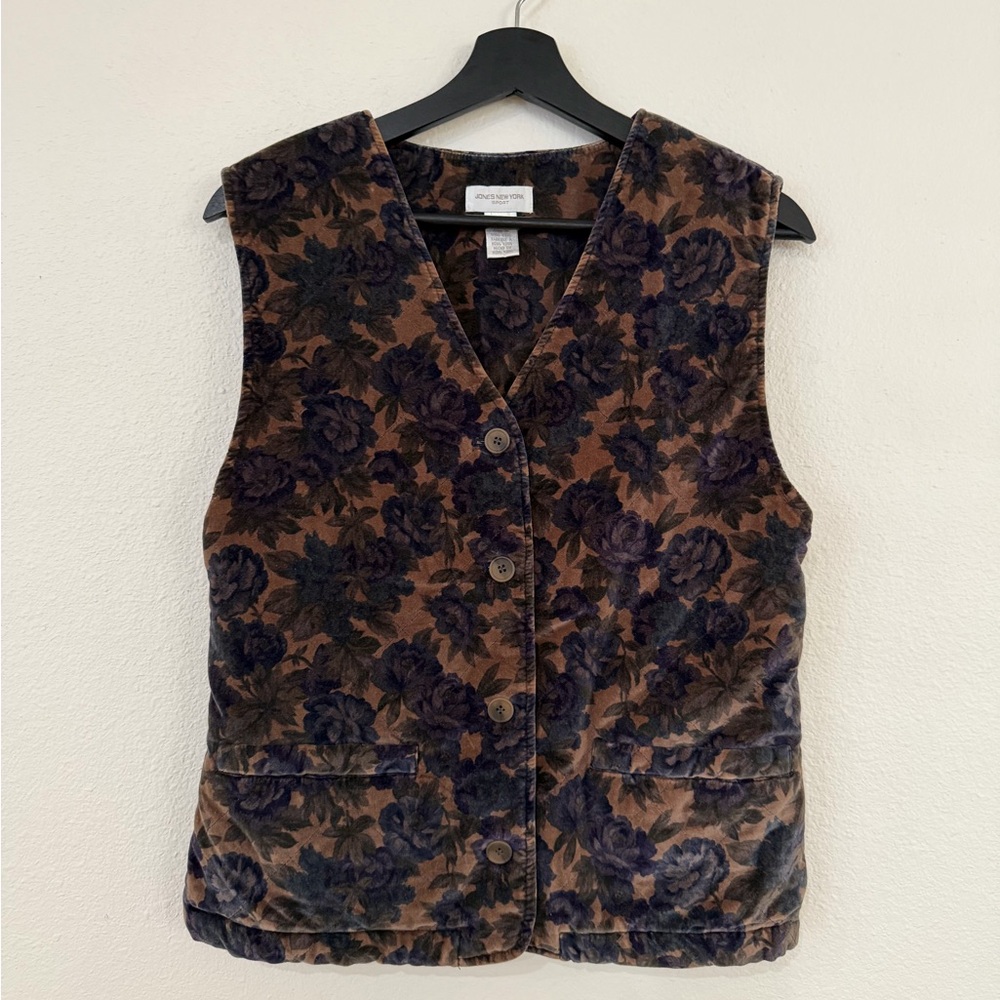 Jones New York Sport Brown & Navy Floral Velvet Vest